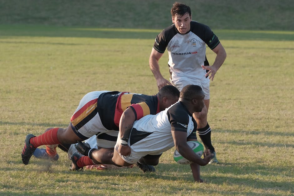 Dynamic rugby match in South Africa capturing intense player action and teamwork on the field.
