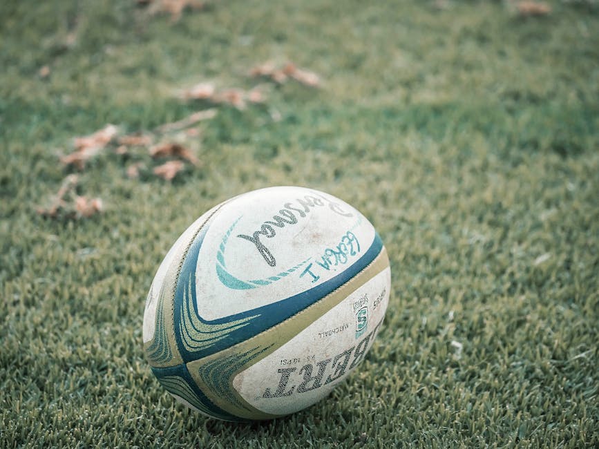 A close-up shot of a rugby ball resting on a grass field, ideal for sports theme.