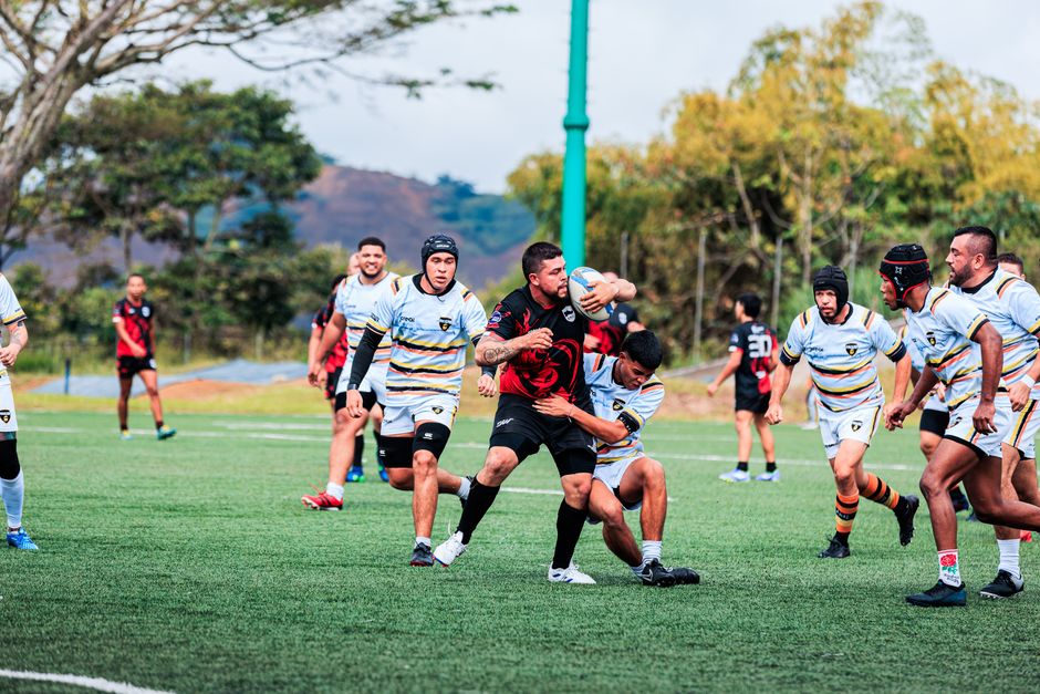 Action-packed rugby match with players tackling on a green field.